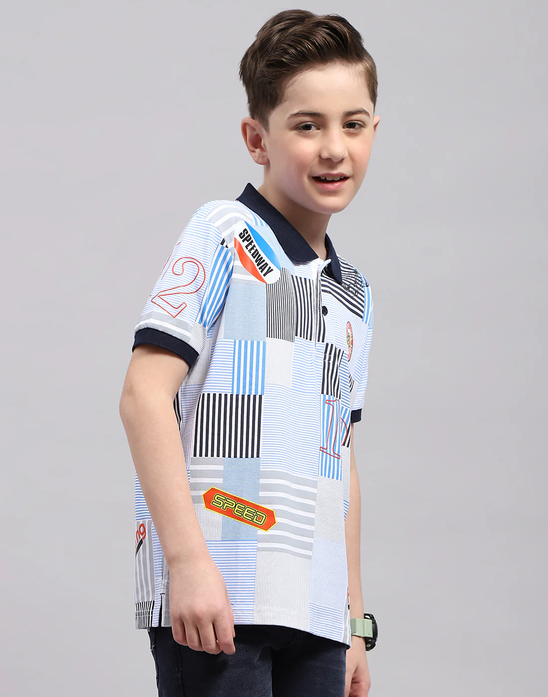 Boys Blue Printed Polo Collar Half Sleeve T-Shirt - Image 4