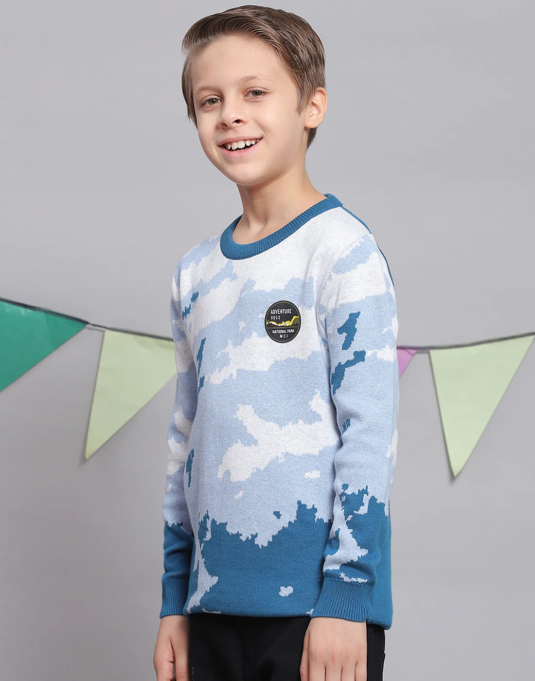 Boys Blue Printed Round Neck Full Sleeve Sweater - Image 2