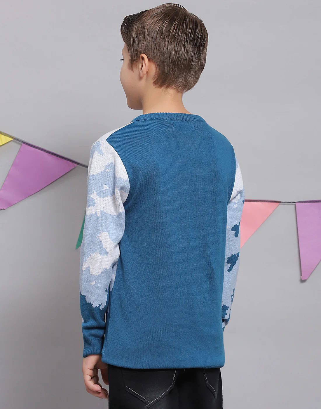 Boys Blue Printed Round Neck Full Sleeve Sweater - Image 4