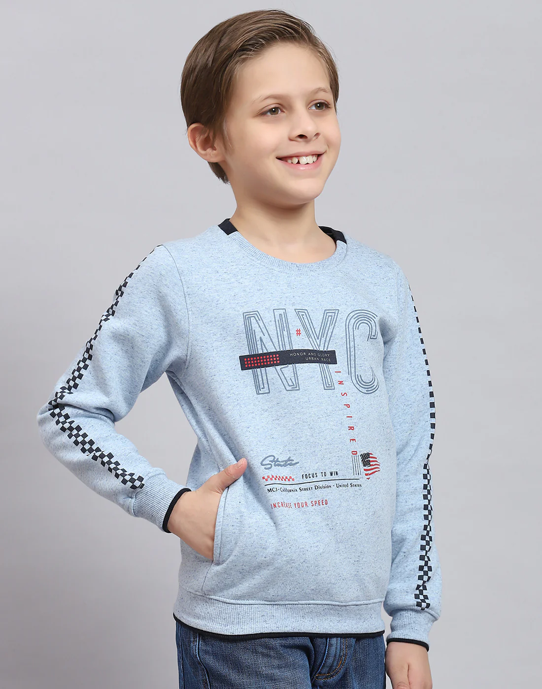 Boys Blue Printed Round Neck Full Sleeve Sweatshirt - Image 4