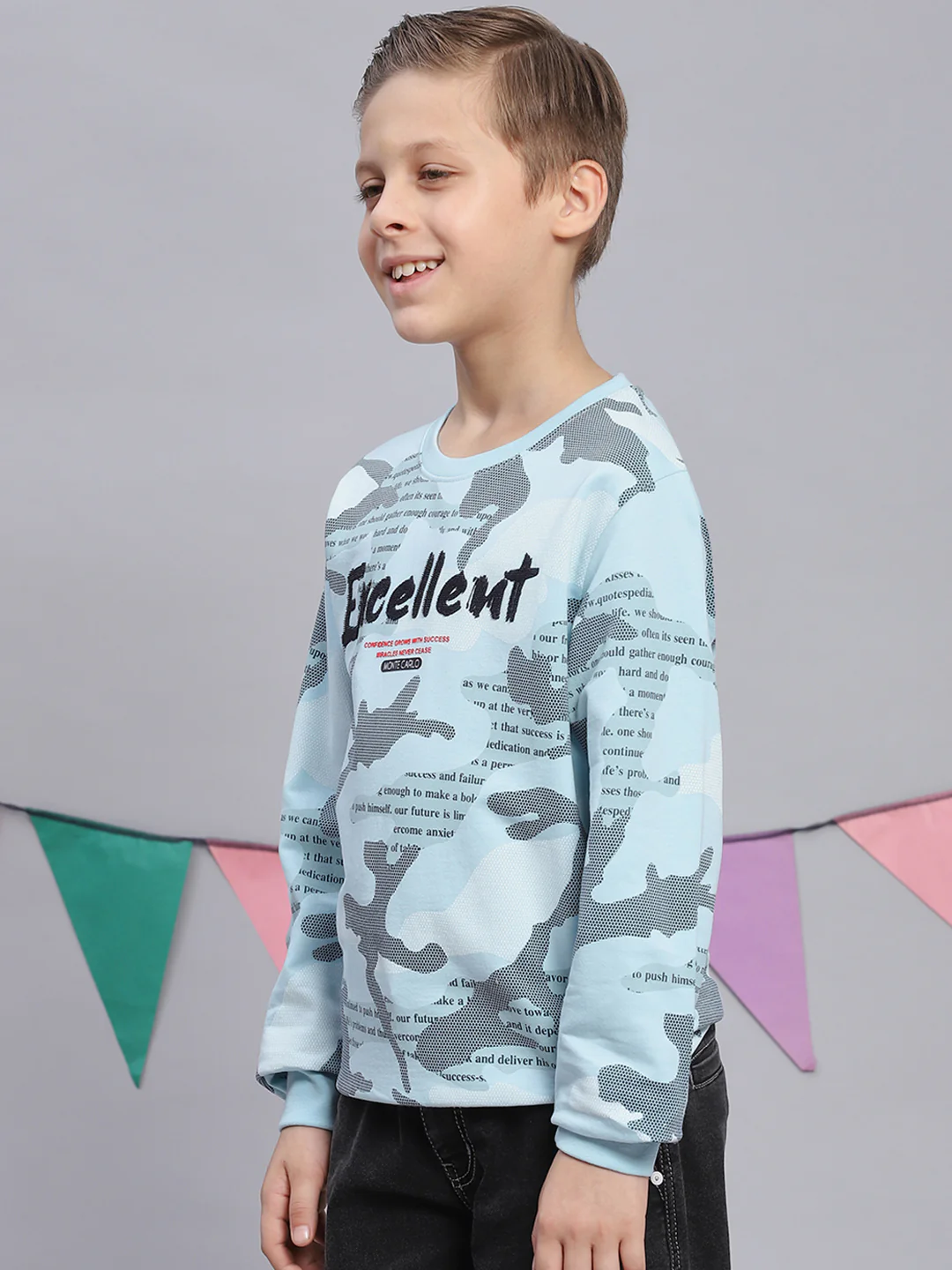 Boys Blue Printed Round Neck Full Sleeve Sweatshirt - Image 3