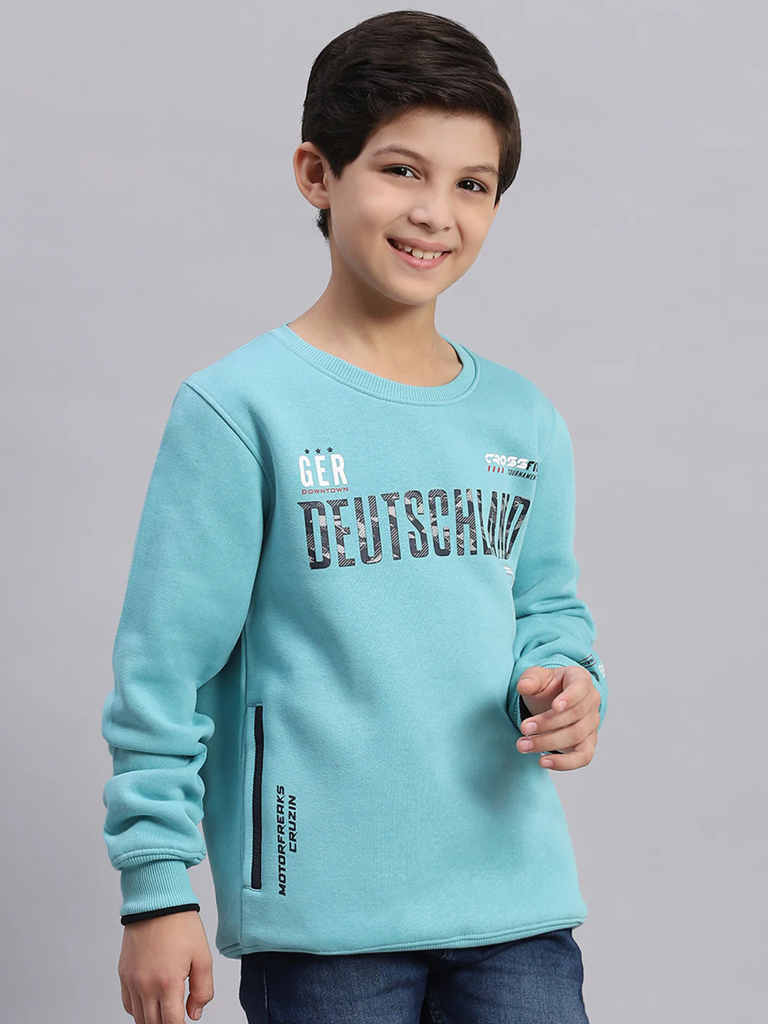 Boys Blue Printed Round Neck Full Sleeve Sweatshirt - Image 4