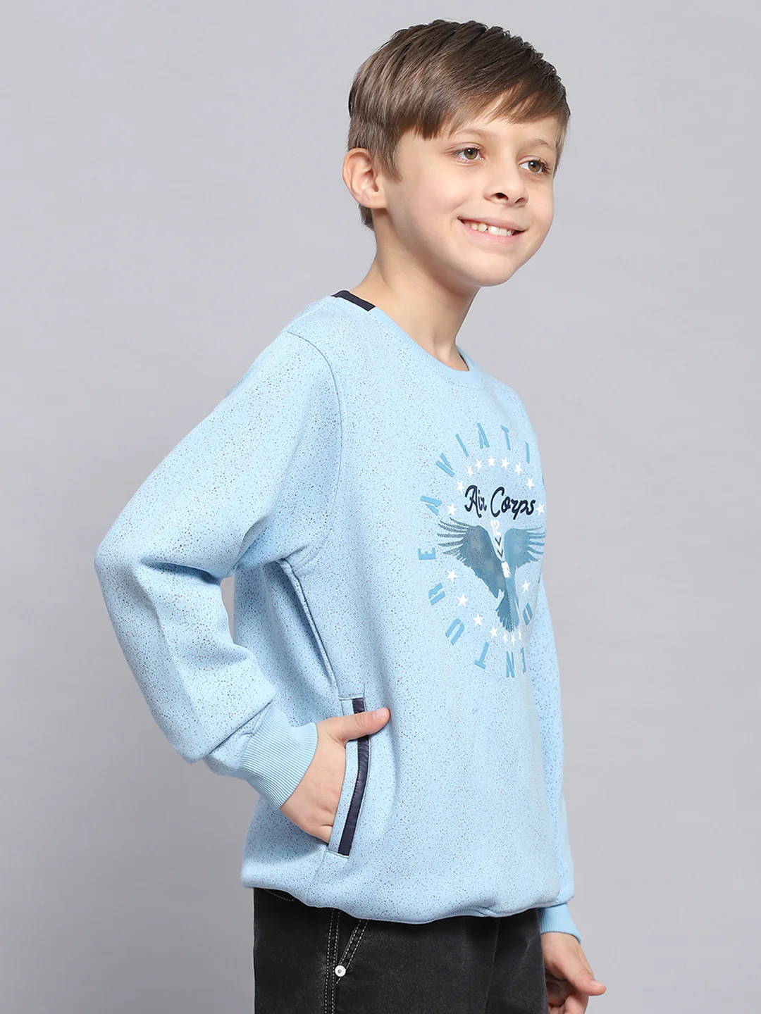 Boys Blue Printed Round Neck Full Sleeve Sweatshirt - Image 4