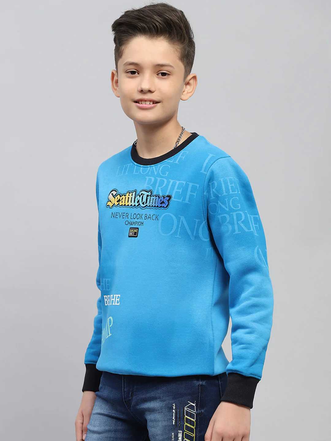 Boys Blue Printed Round Neck Full Sleeve Sweatshirt - Image 3
