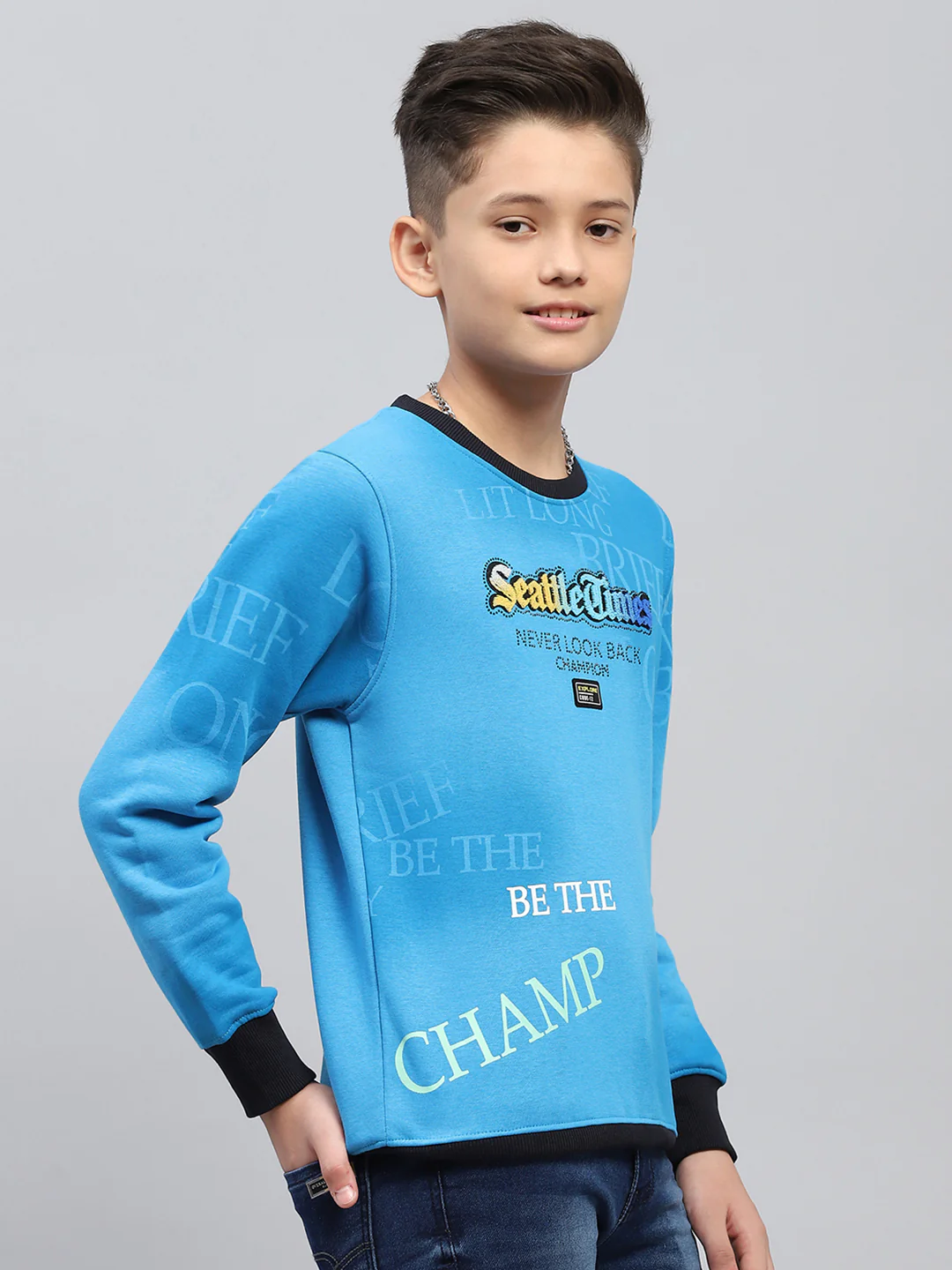 Boys Blue Printed Round Neck Full Sleeve Sweatshirt - Image 4