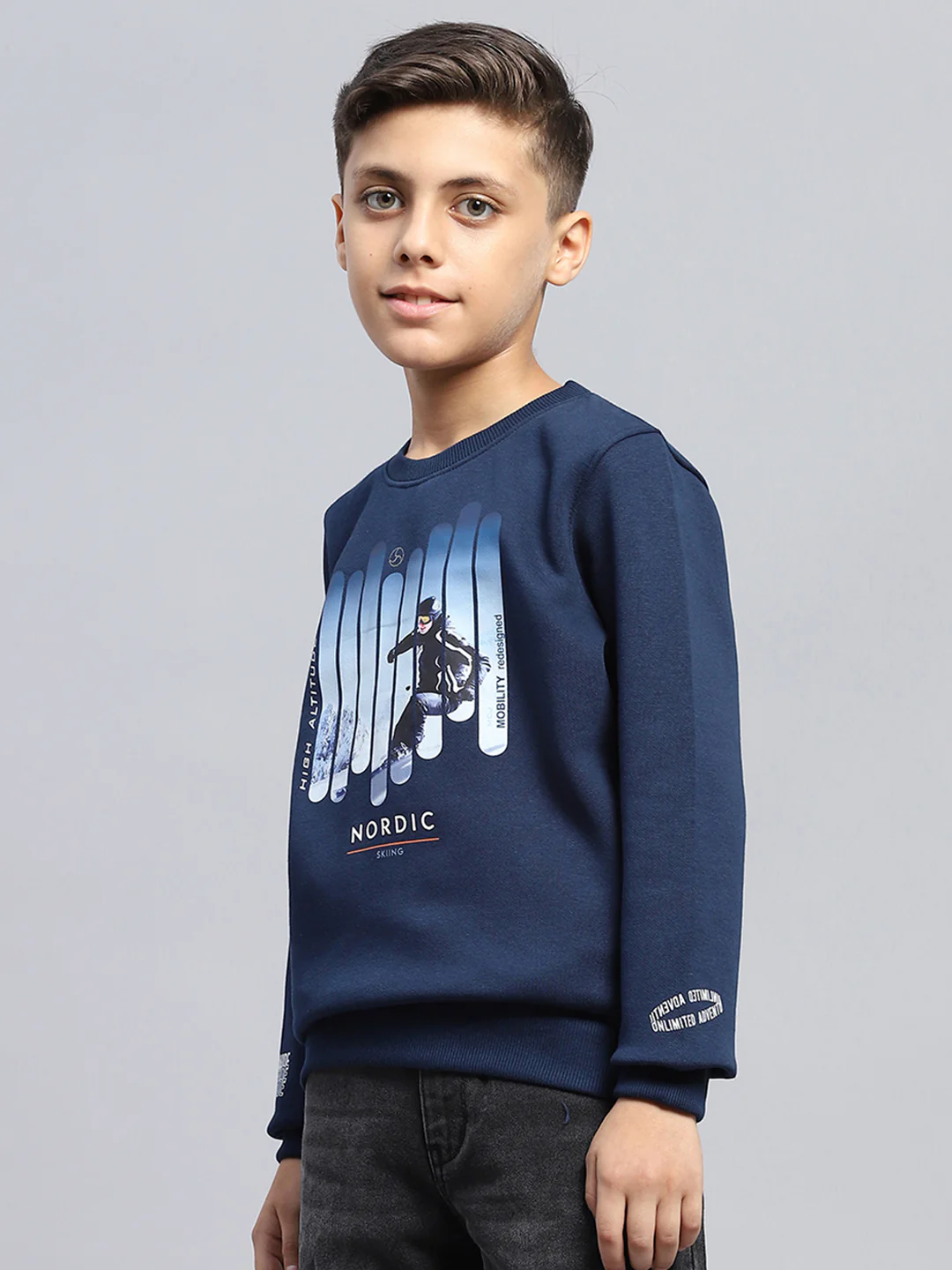 Boys Blue Printed Round Neck Full Sleeve Sweatshirt - Image 3