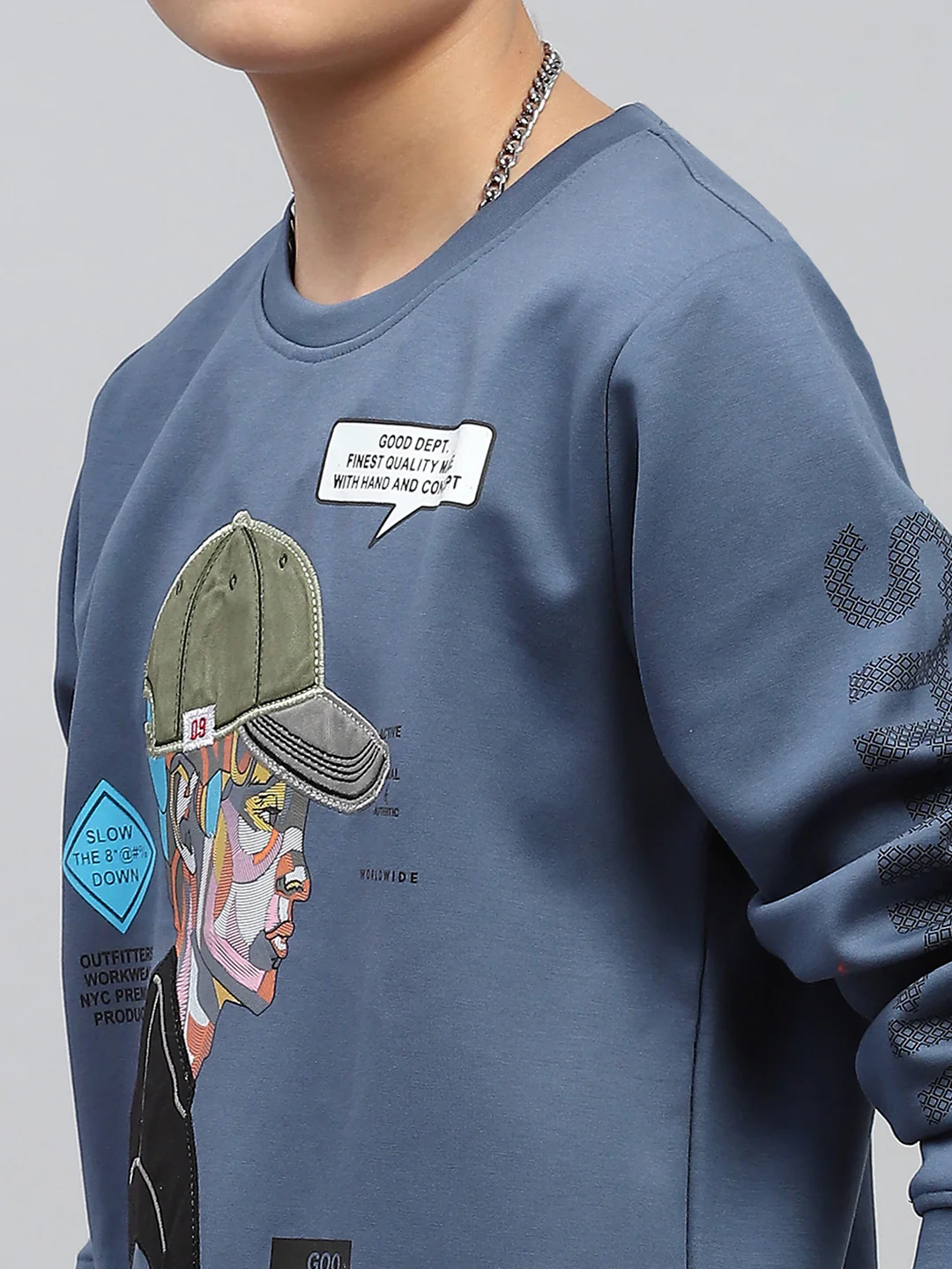 Boys Blue Printed Round Neck Full Sleeve Sweatshirt - Image 6