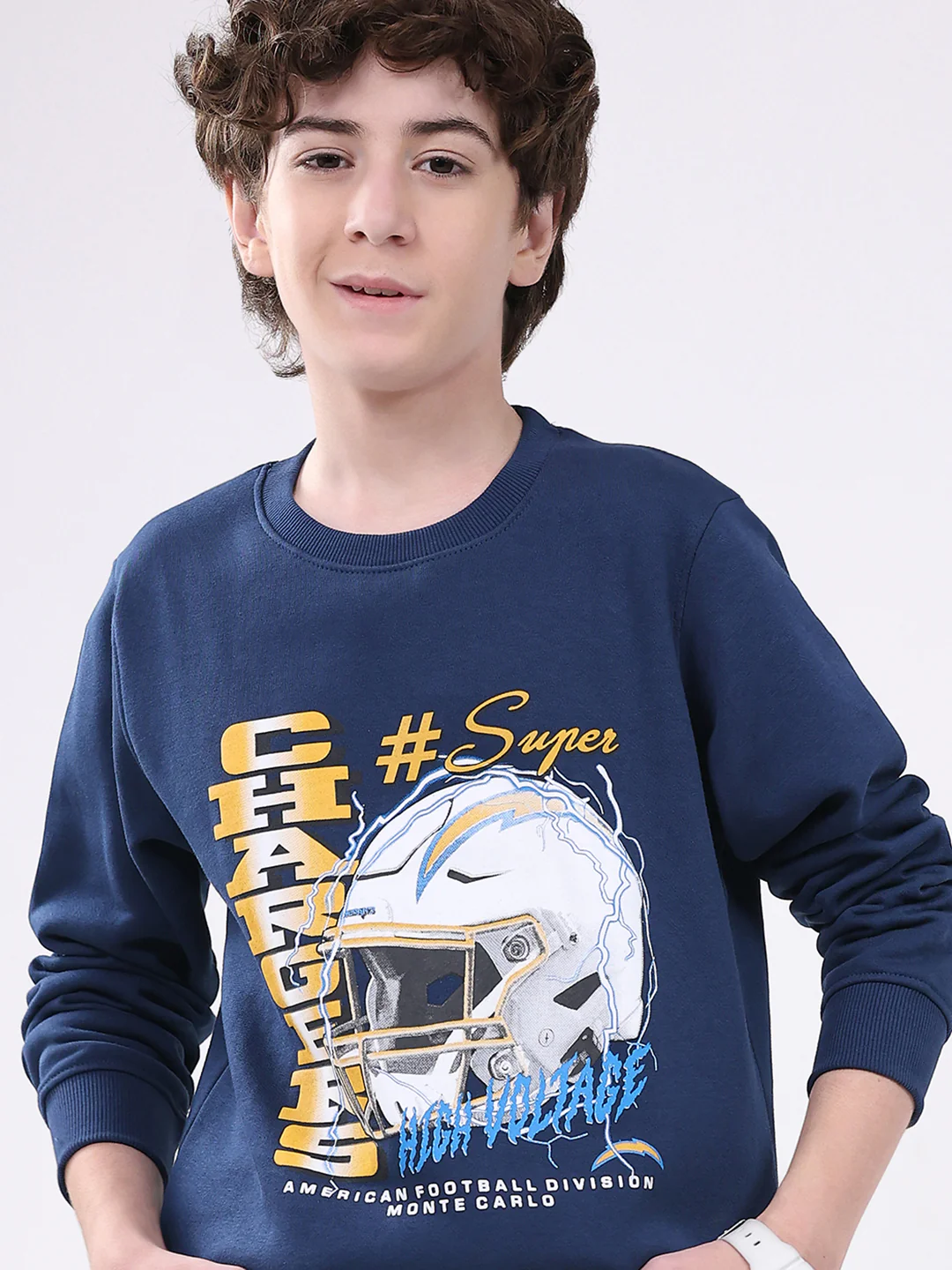 Boys Blue Printed Round Neck Full Sleeve Sweatshirt - Image 7