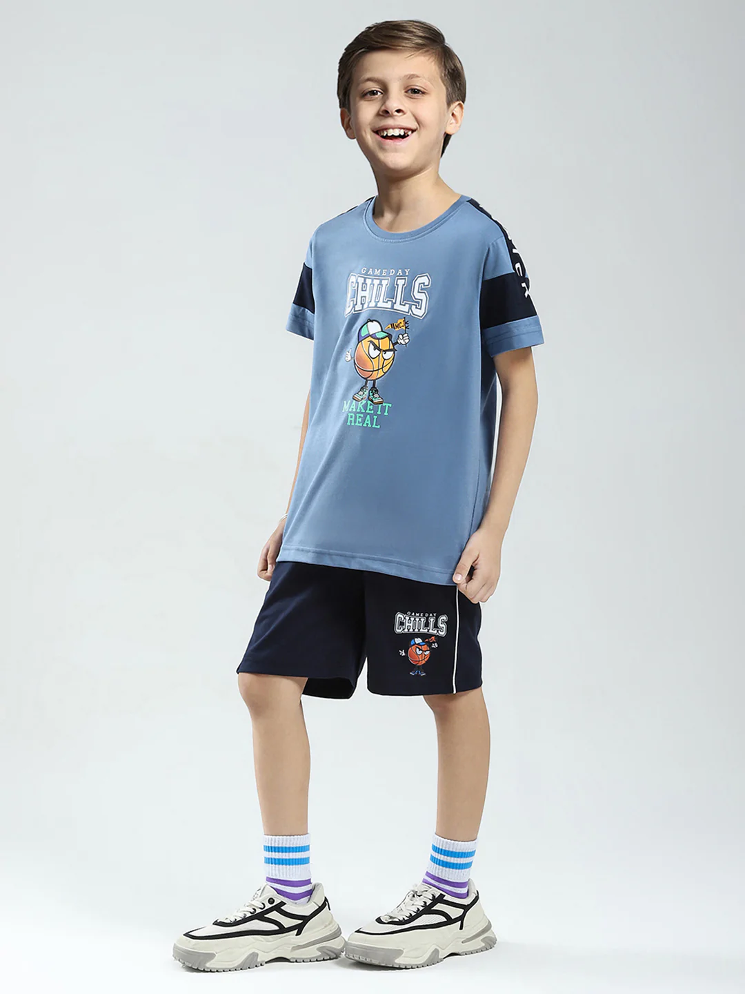 Boys Blue Printed Round Neck Half Sleeve Bermuda Set - Image 3