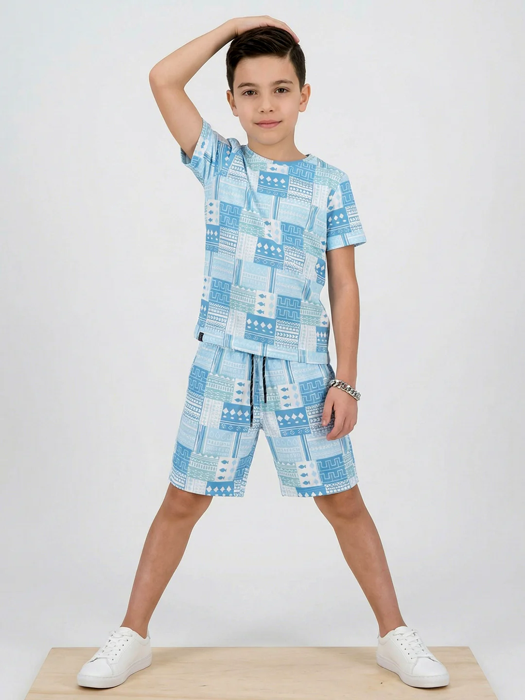 Boys Blue Printed Round Neck Half Sleeve Cords Set - Image 5