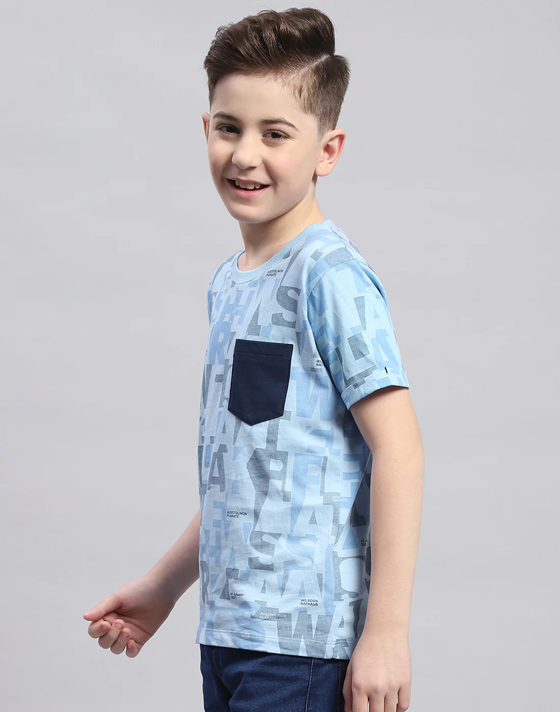 Boys Blue Printed Round Neck Half Sleeve T-Shirt - Image 3