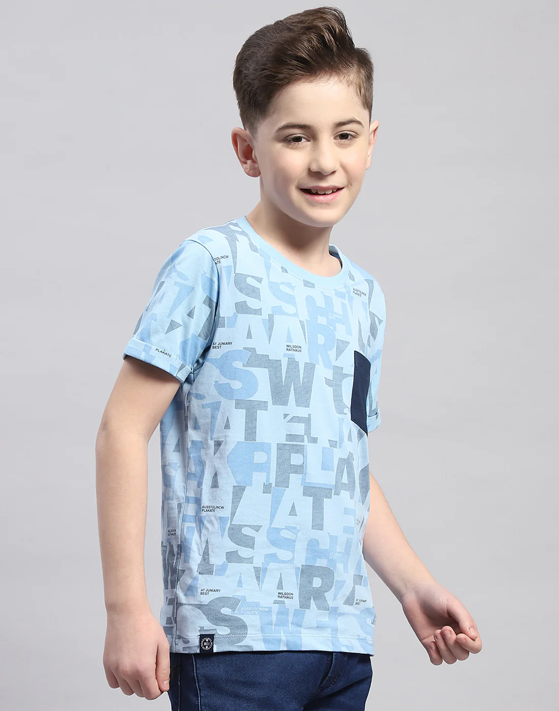 Boys Blue Printed Round Neck Half Sleeve T-Shirt - Image 4