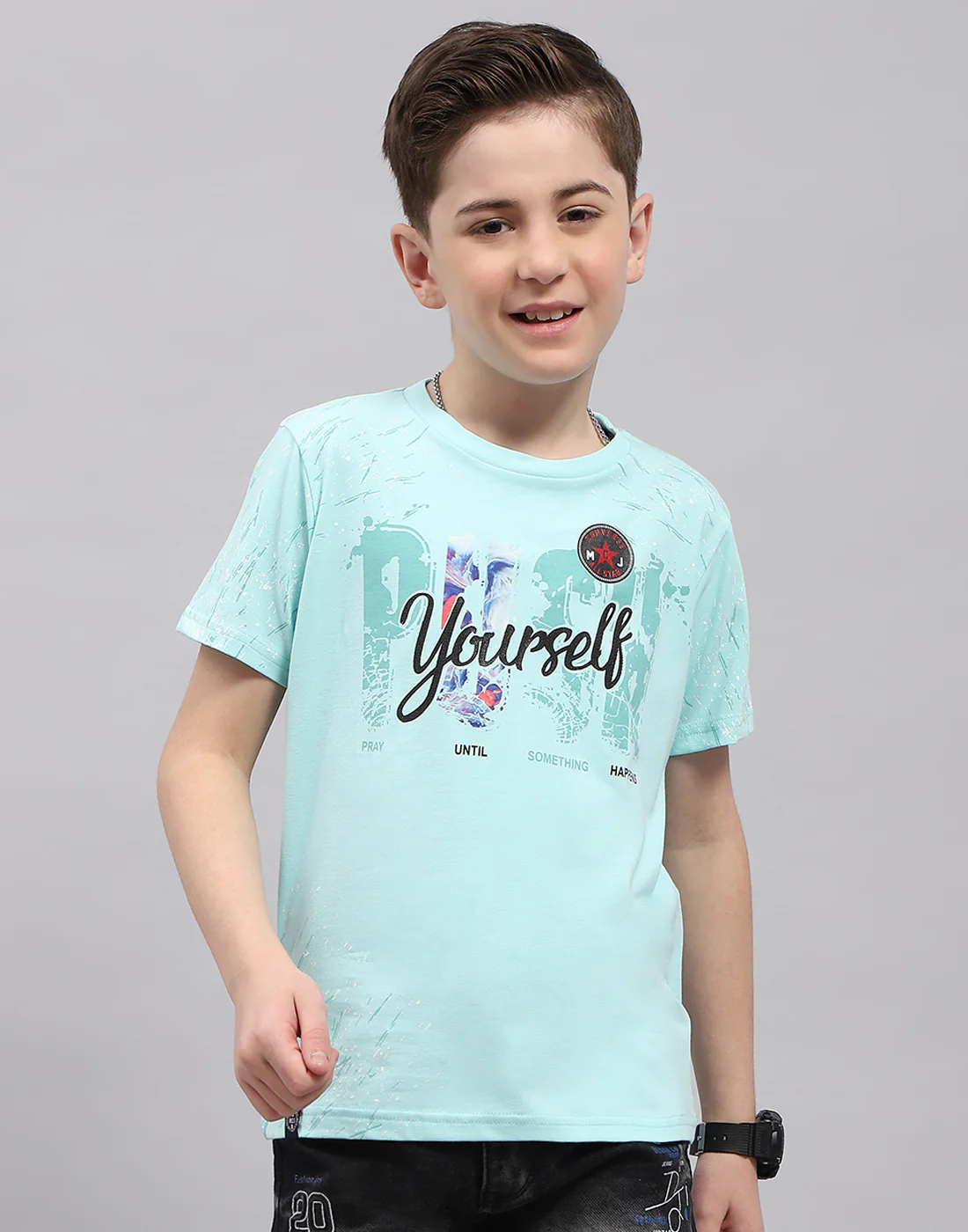 Boys Blue Printed Round Neck Half Sleeve T-Shirt - Image 2