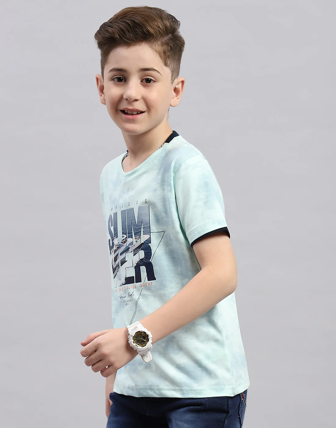 Boys Blue Printed Round Neck Half Sleeve T-Shirt - Image 4