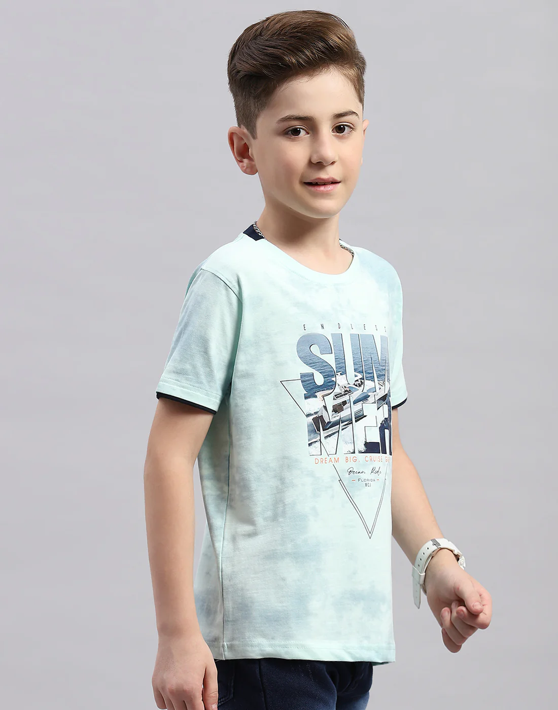 Boys Blue Printed Round Neck Half Sleeve T-Shirt - Image 5