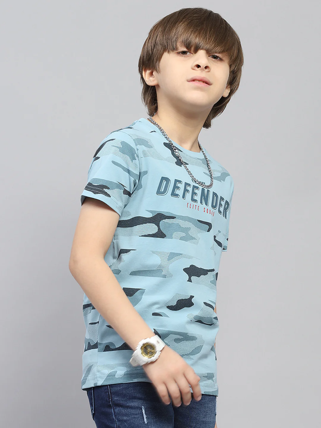 Boys Blue Printed Round Neck Half Sleeve T-Shirt - Image 4