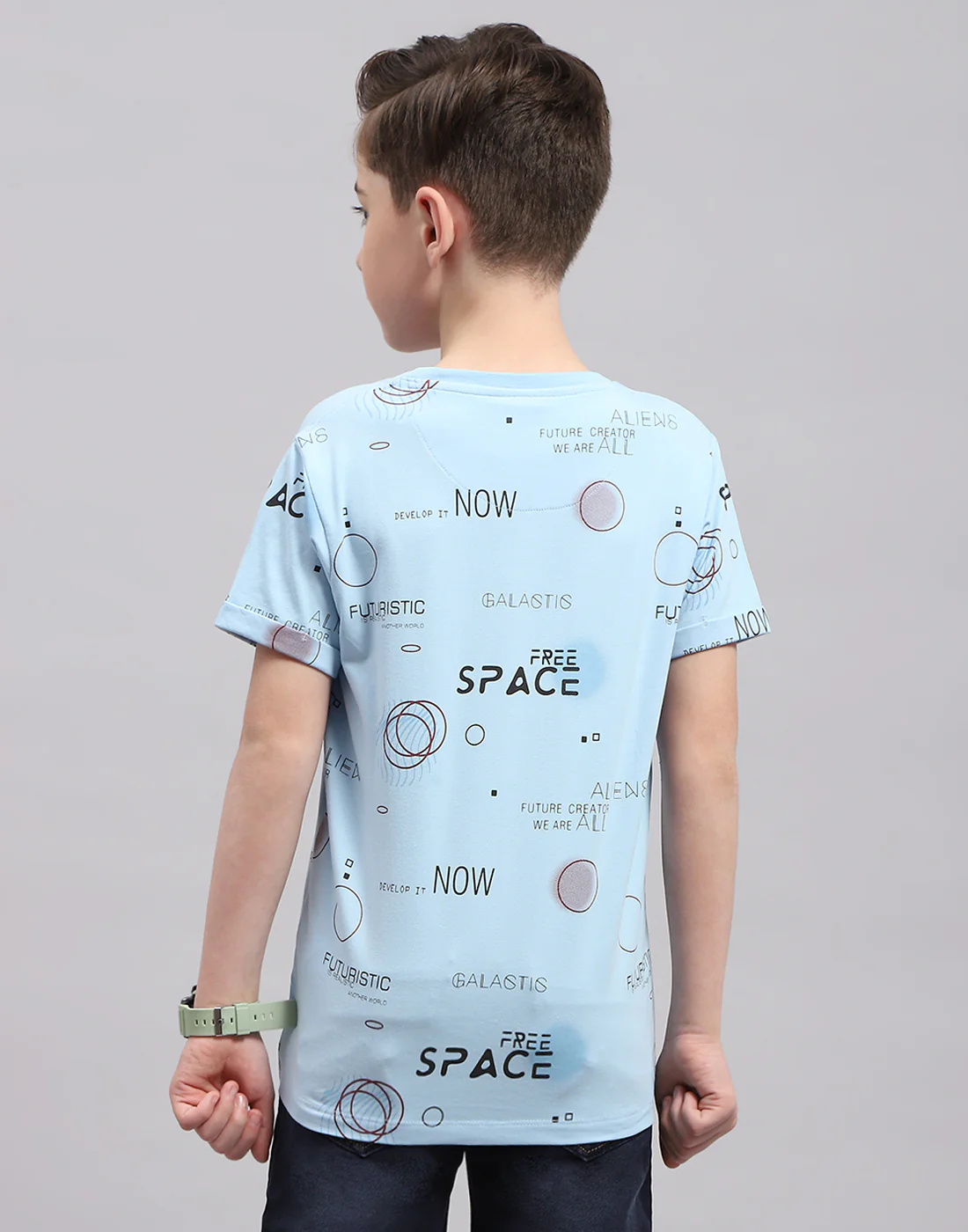 Boys Blue Printed Round Neck Half Sleeve T-Shirt - Image 5