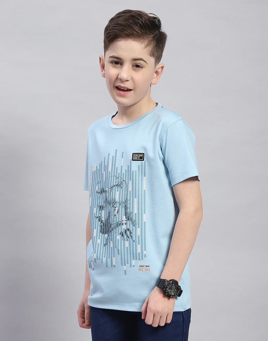Boys Blue Printed Round Neck Half Sleeve T-Shirt - Image 3