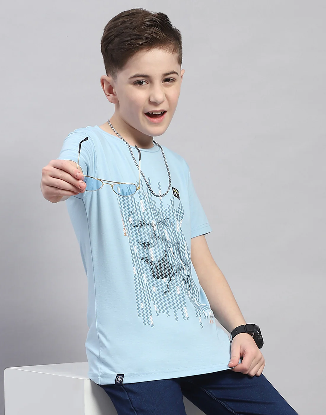 Boys Blue Printed Round Neck Half Sleeve T-Shirt - Image 6