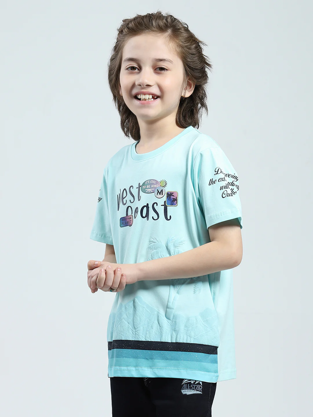Boys Blue Printed Round Neck Half Sleeve T-Shirt - Image 3