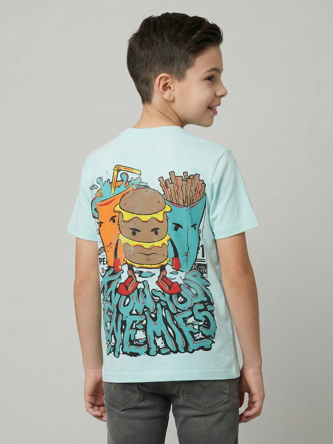 Boys Blue Printed Round Neck Half Sleeve T-Shirt - Image 4