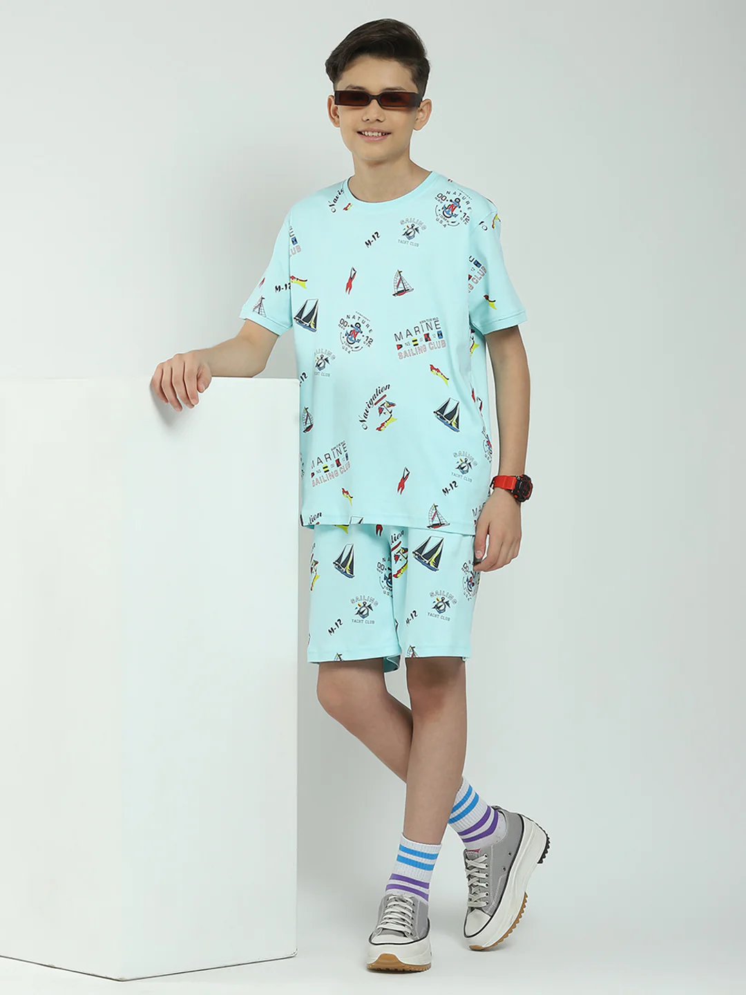 Boys Blue Printed Round Neck Half Sleeve Bermuda Set - Image 2