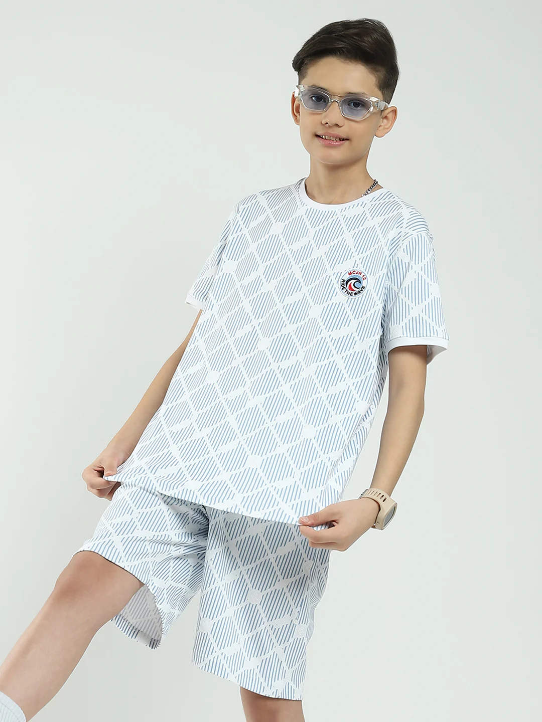 Boys Blue Printed Round Neck Half Sleeve Bermuda Set - Image 6