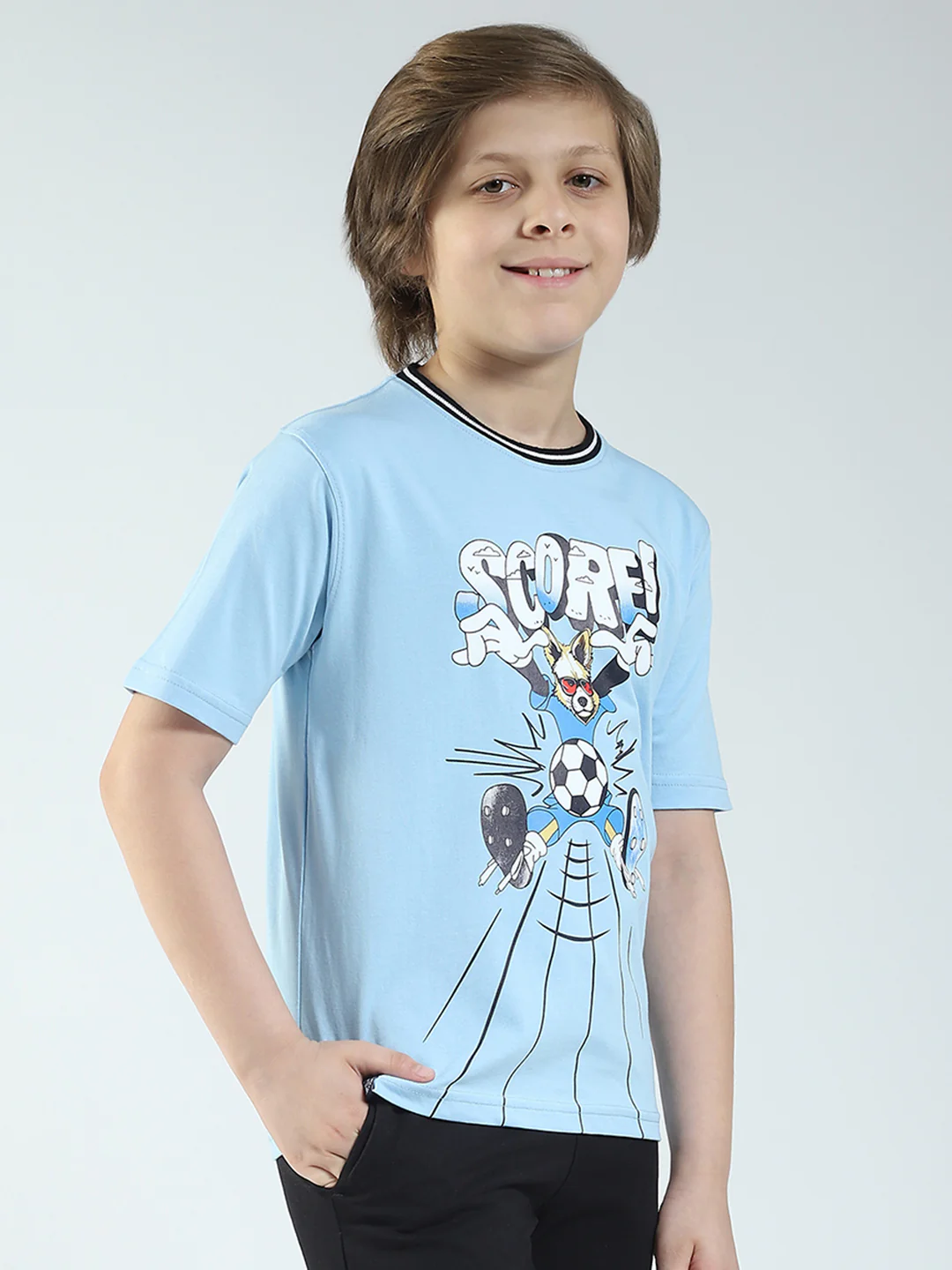 Boys Blue Printed Round Neck Half Sleeve T-Shirt - Image 4