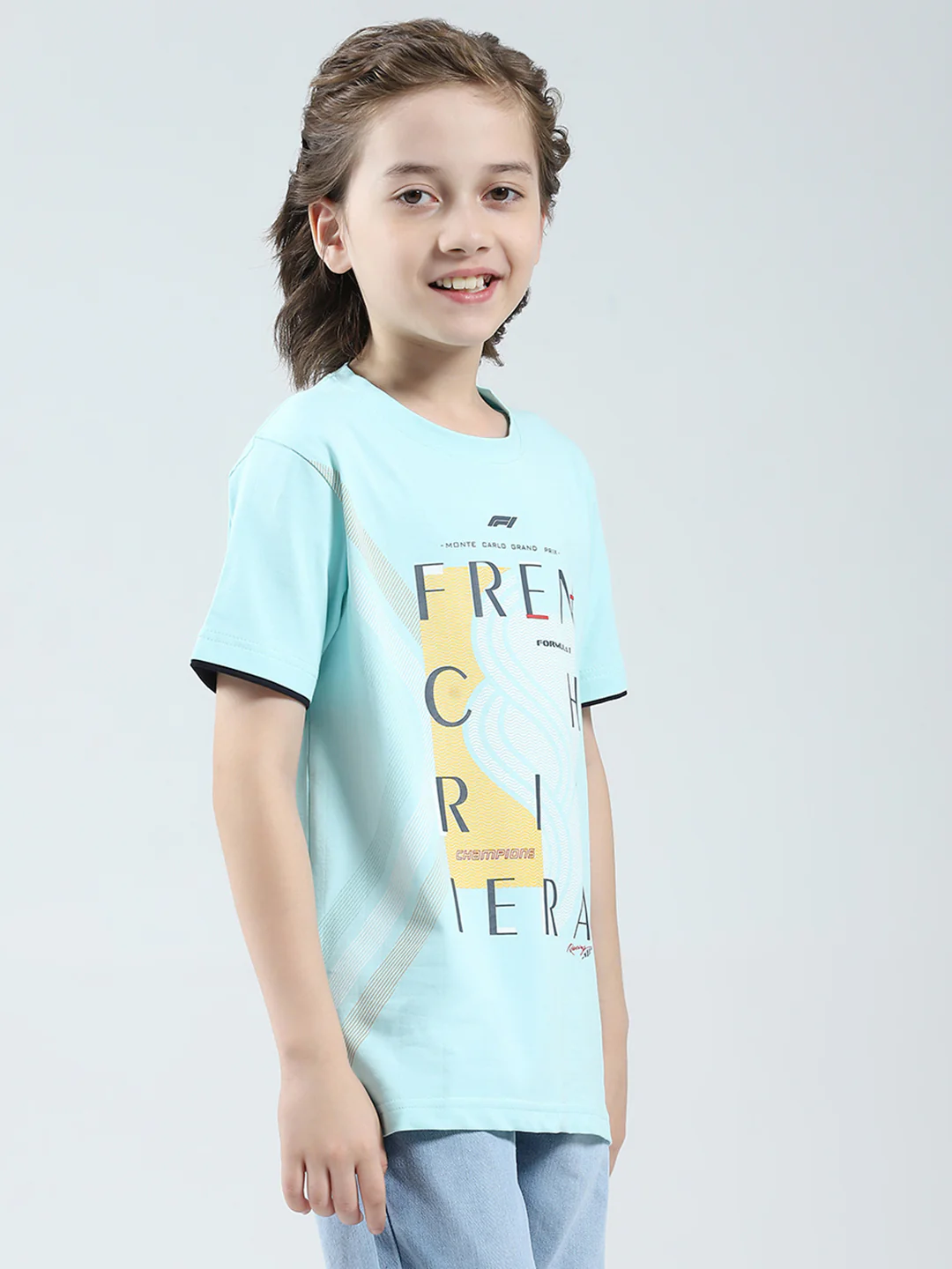 Boys Blue Printed Round Neck Half Sleeve T-Shirt - Image 4