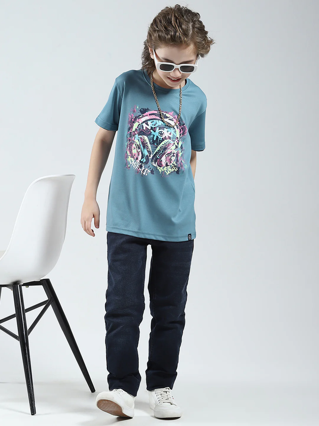 Boys Blue Printed Round Neck Half Sleeve T-Shirt - Image 2