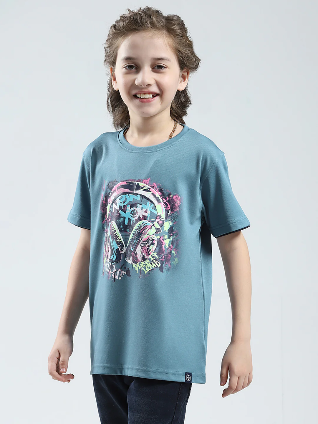 Boys Blue Printed Round Neck Half Sleeve T-Shirt - Image 3