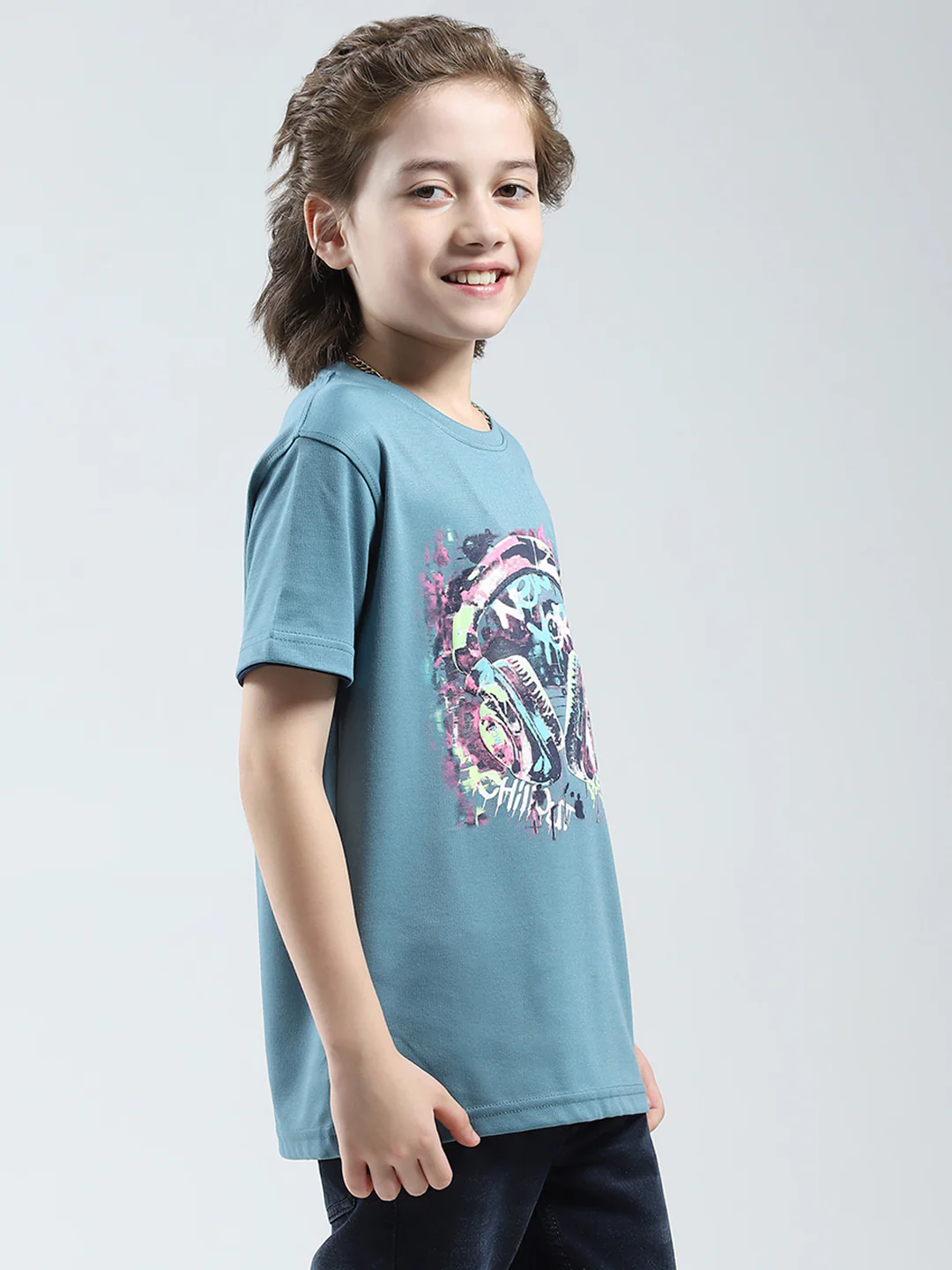 Boys Blue Printed Round Neck Half Sleeve T-Shirt - Image 4