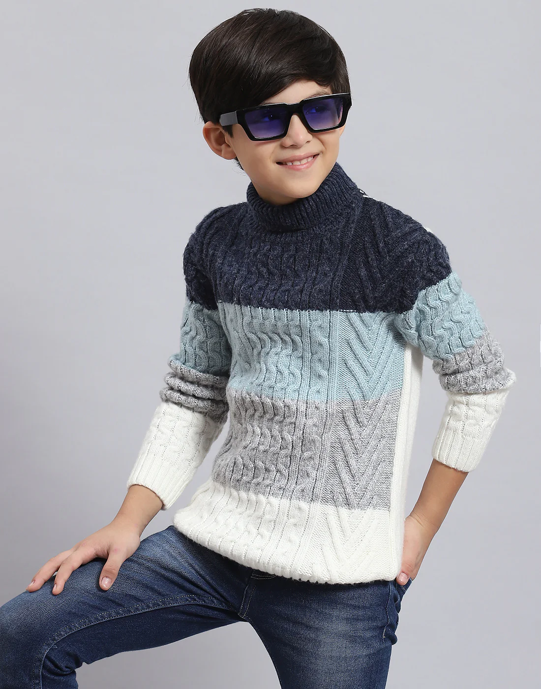 Boys Blue Self Design H Neck Full Sleeve Sweater - Image 2