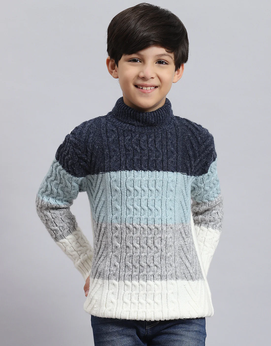 Boys Blue Self Design H Neck Full Sleeve Sweater - Image 3