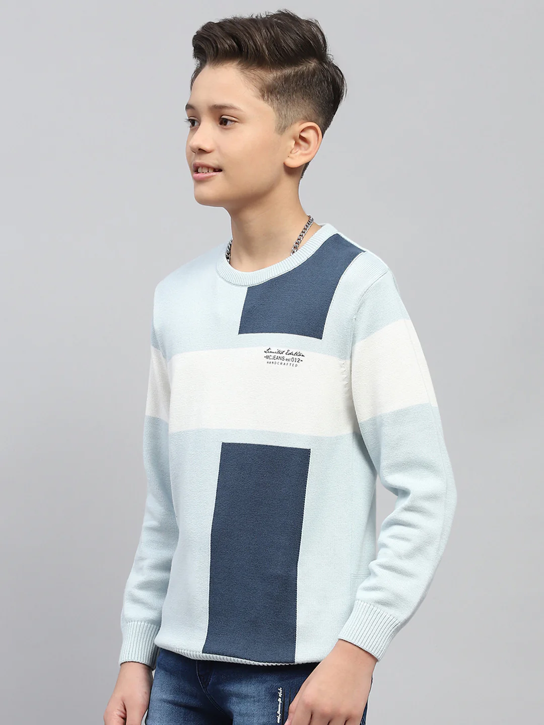 Boys Blue Self Design Round Neck Full Sleeve Pullover - Image 3