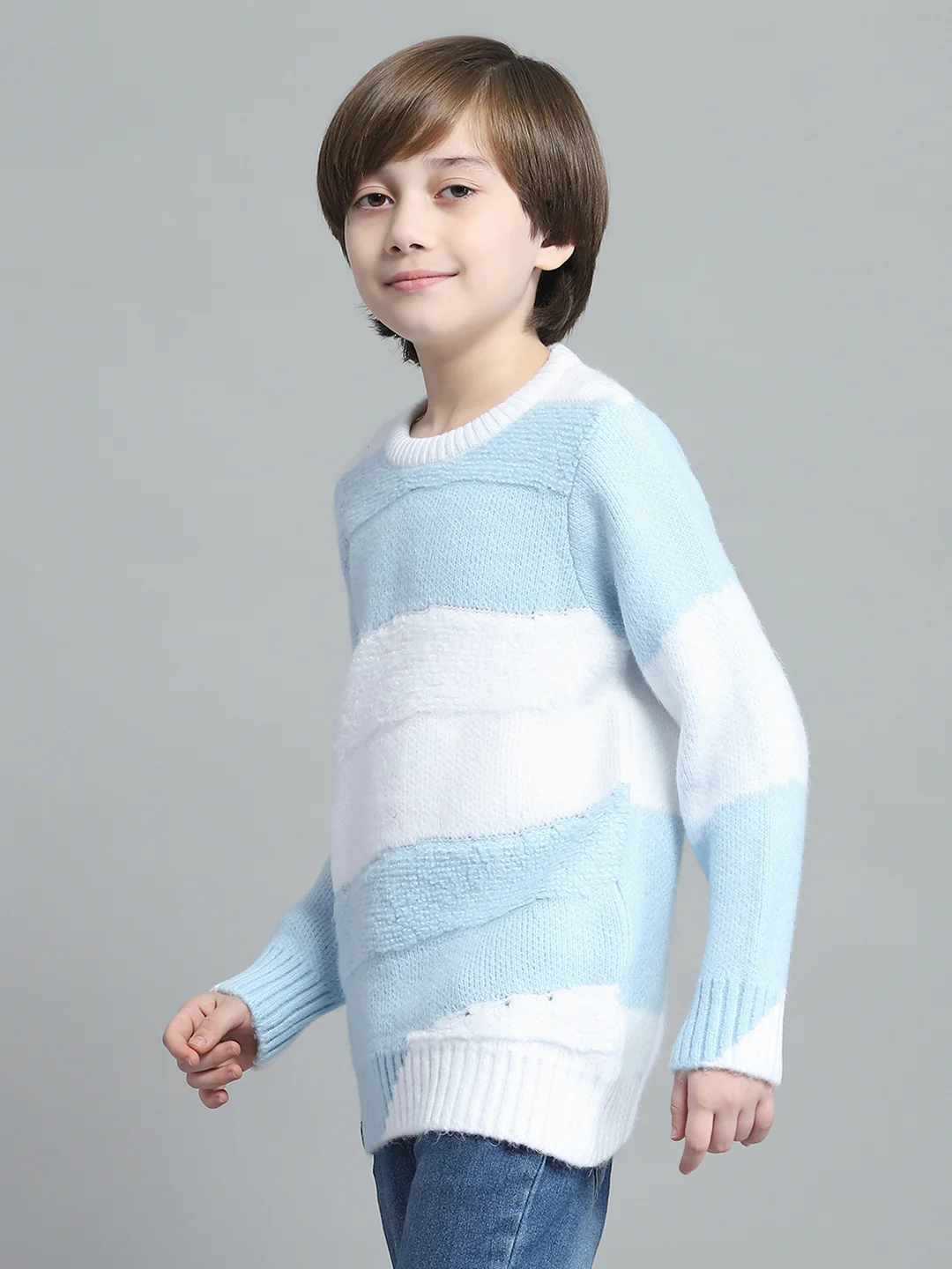 Boys Blue Self Design Round Neck Full Sleeve Pullover - Image 3