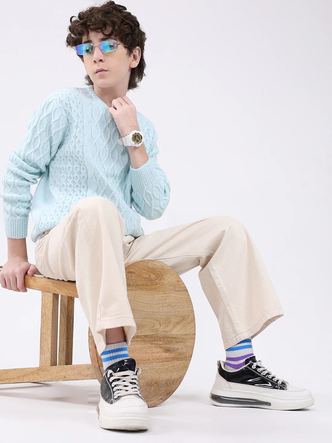 Boys Blue Self Design Round Neck Full Sleeve Pullover - Image 2
