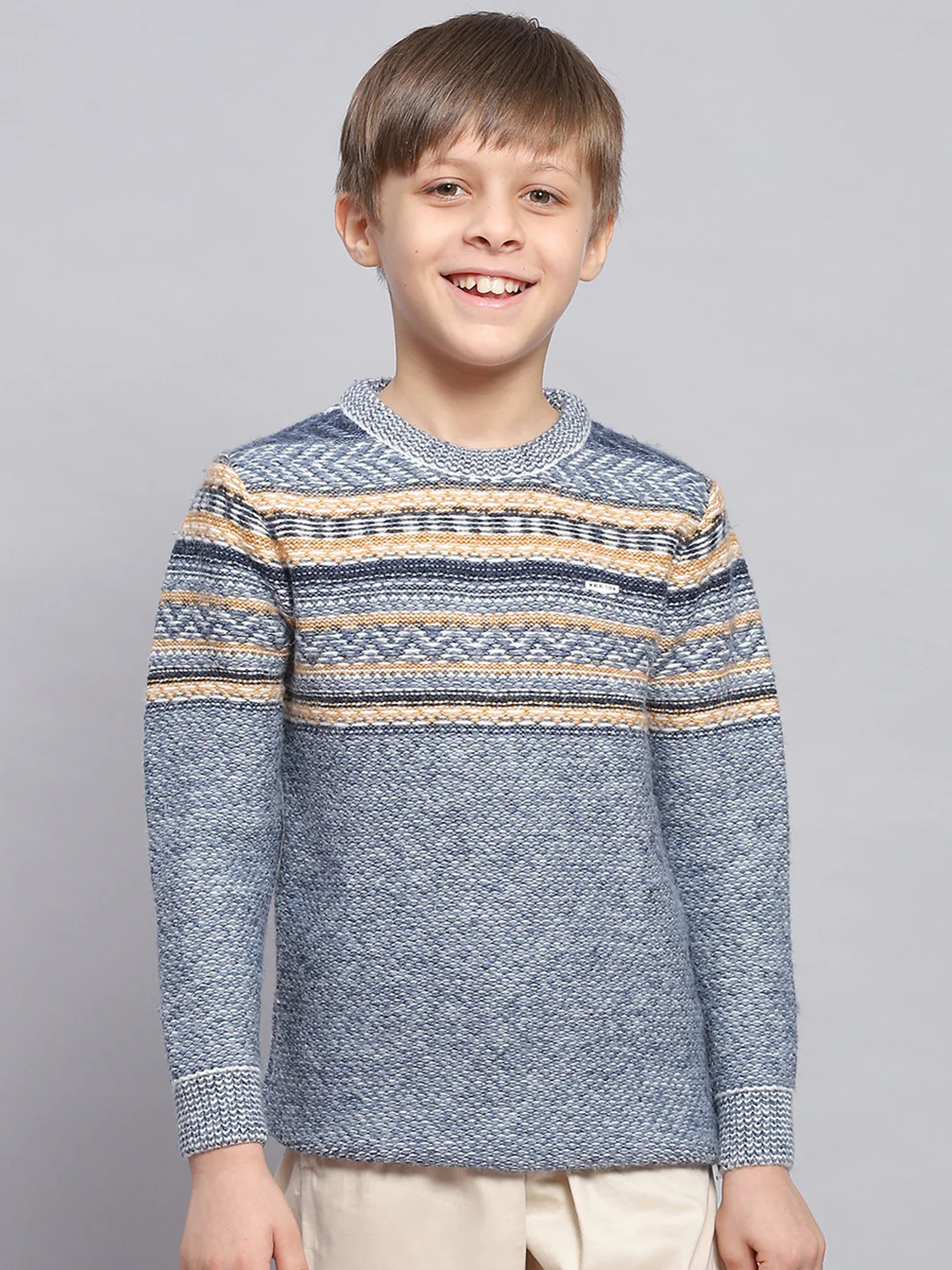 Boys Blue Self Design Round Neck Full Sleeve Sweater - Image 3