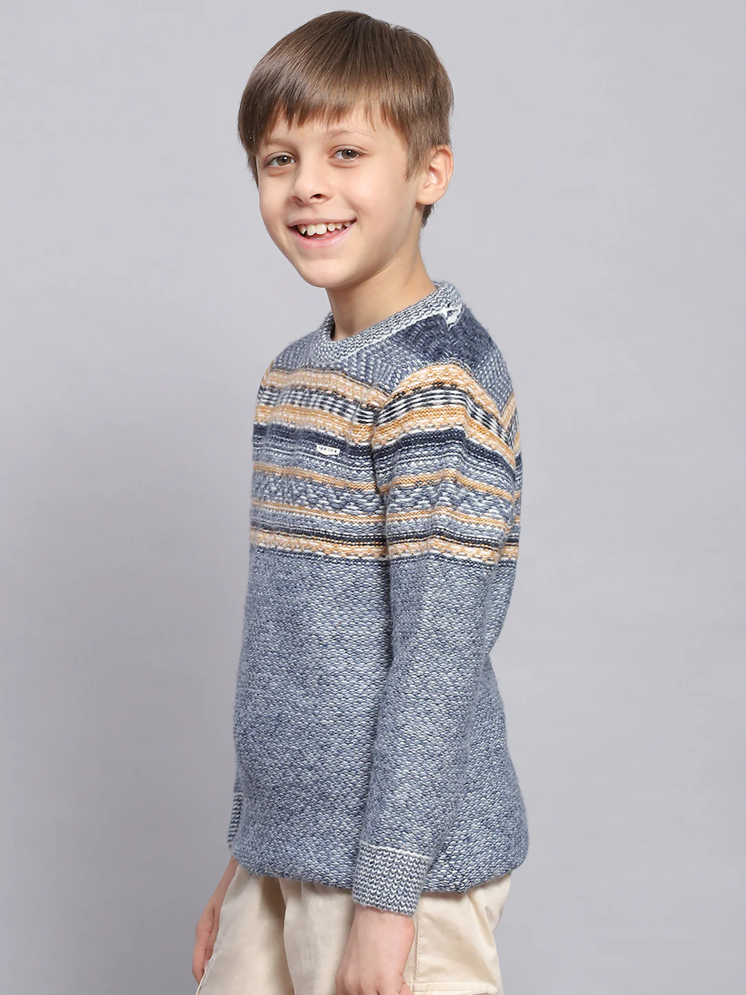 Boys Blue Self Design Round Neck Full Sleeve Sweater - Image 4