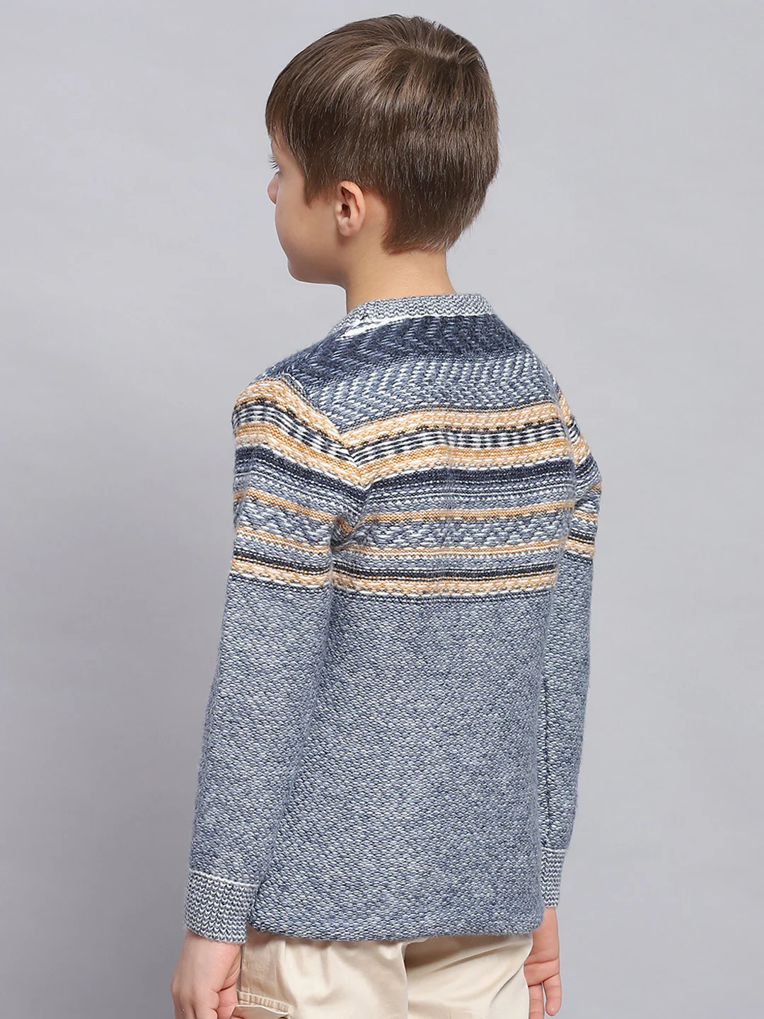 Boys Blue Self Design Round Neck Full Sleeve Sweater - Image 5