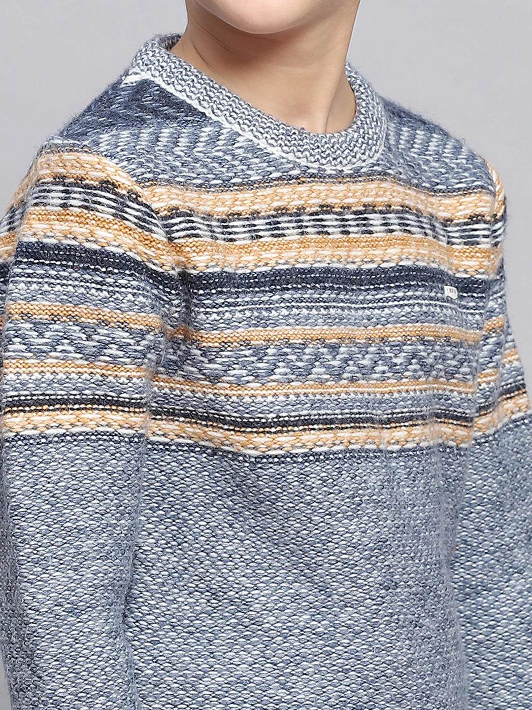 Boys Blue Self Design Round Neck Full Sleeve Sweater - Image 6