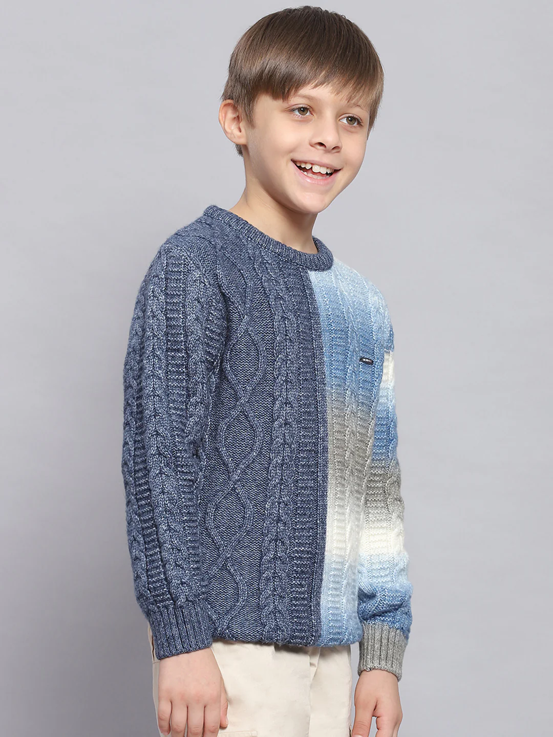 Boys Blue Self Design Round Neck Full Sleeve Sweater - Image 4