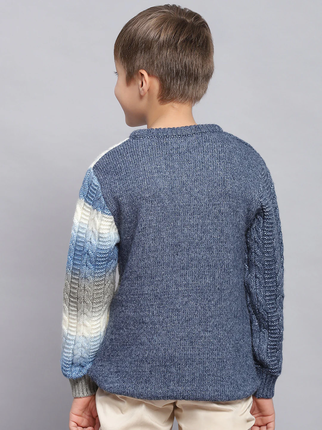 Boys Blue Self Design Round Neck Full Sleeve Sweater - Image 5