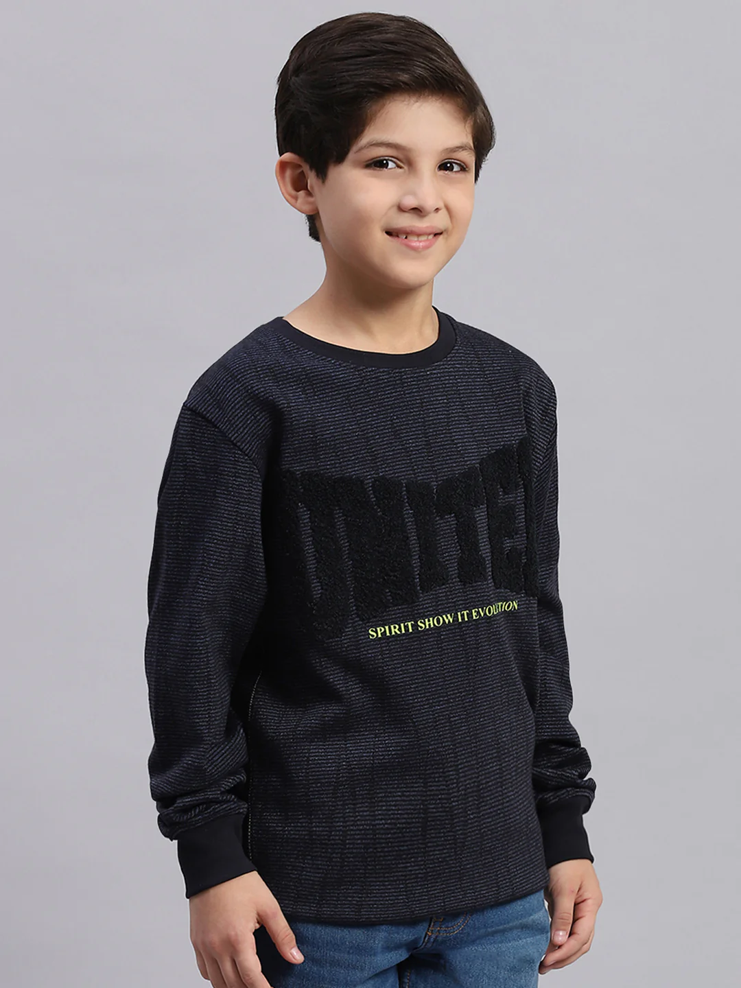 Boys Blue Self Design Round Neck Full Sleeve Sweatshirt - Image 4