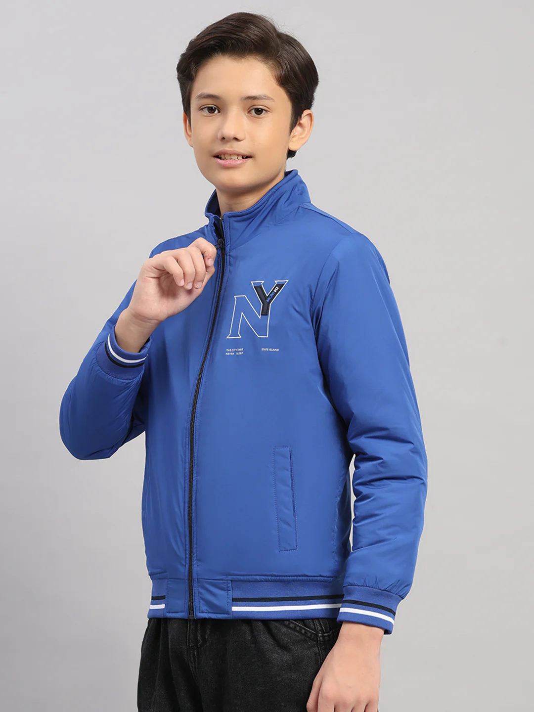 Boys Blue Solid Collar Full Sleeve Jacket - Image 3