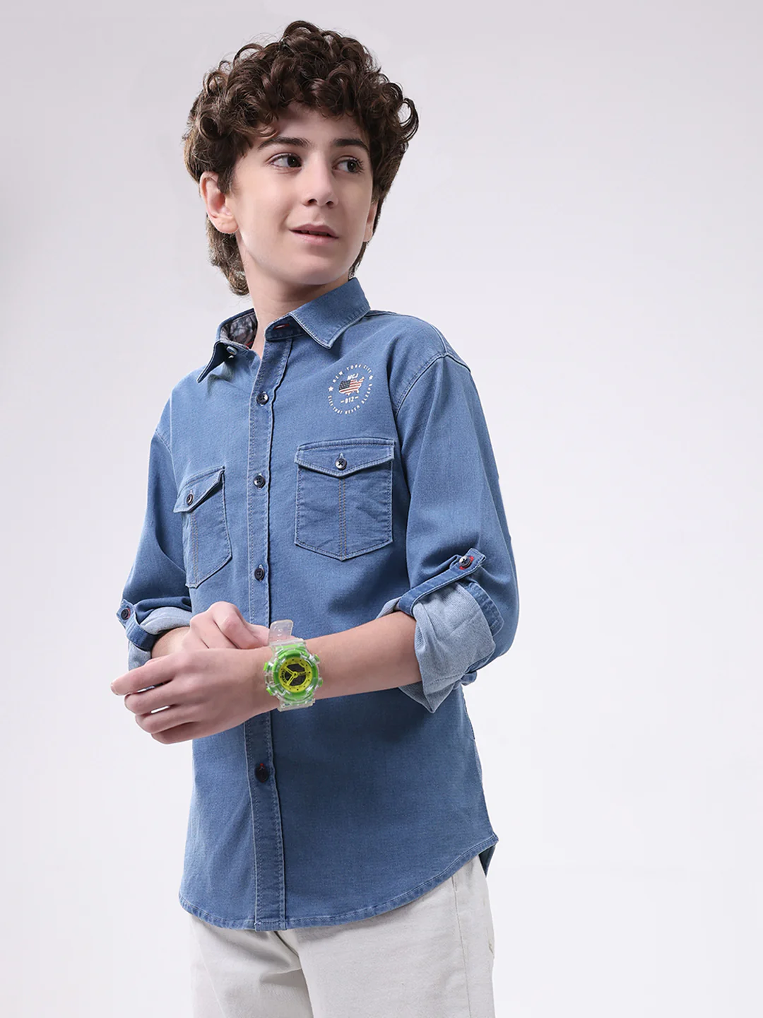 Boys Blue Solid Collar Full Sleeve Shirt - Image 3