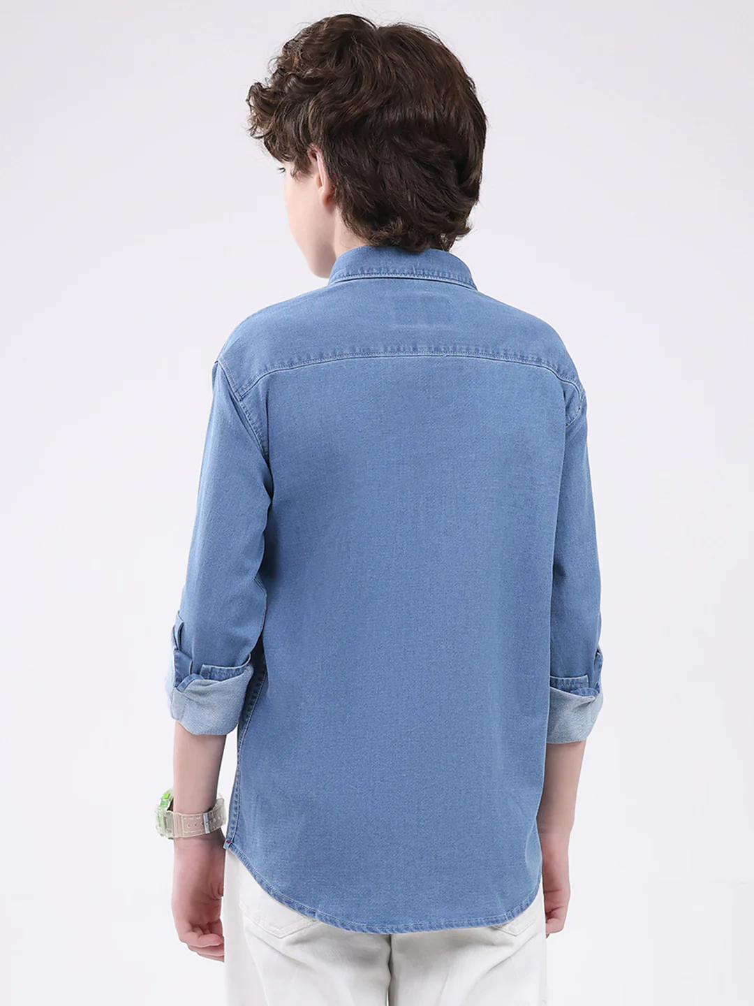 Boys Blue Solid Collar Full Sleeve Shirt - Image 5