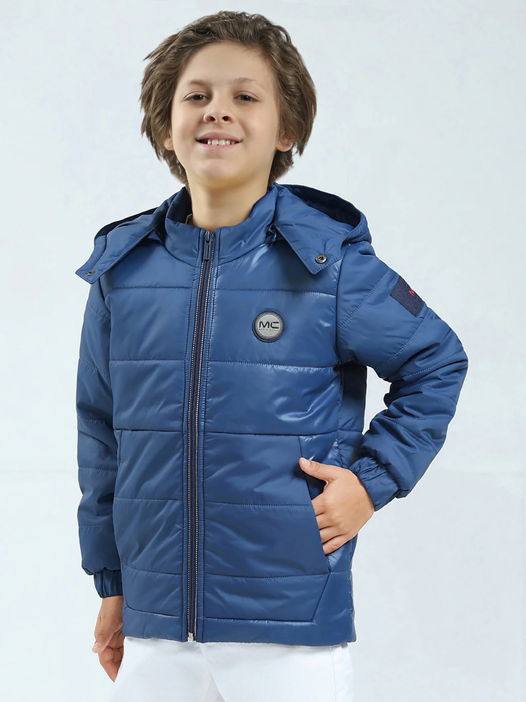 Boys Blue Solid Hooded Full Sleeve Jacket - Image 3