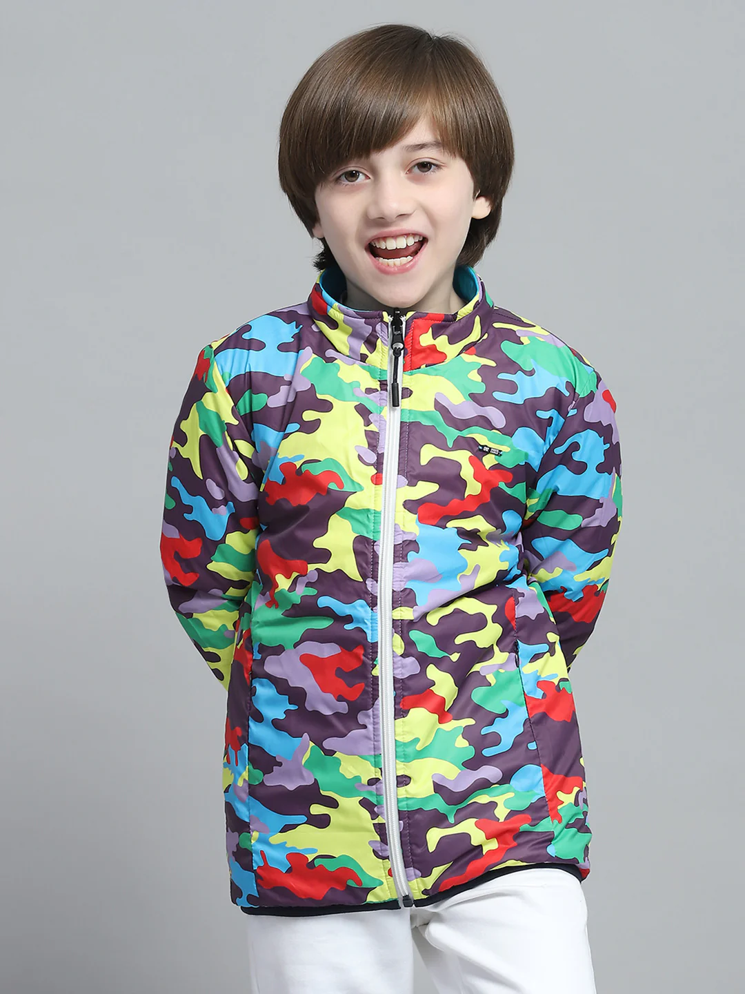 Boys Blue Solid Mock Neck Full Sleeve Reversible Jacket - Image 6
