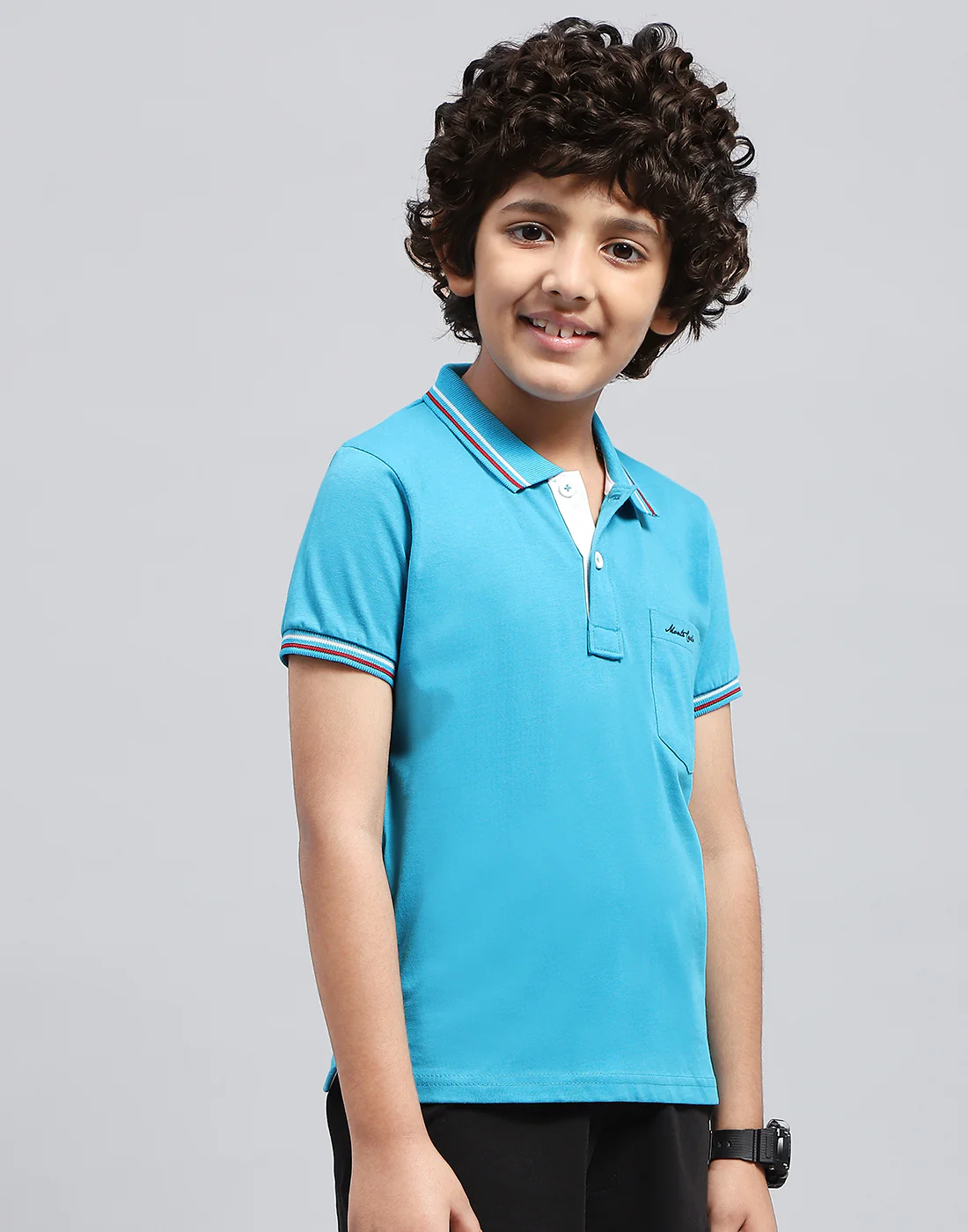 Boys Blue Solid Polo Collar Half Sleeve T-Shirt - Image 4